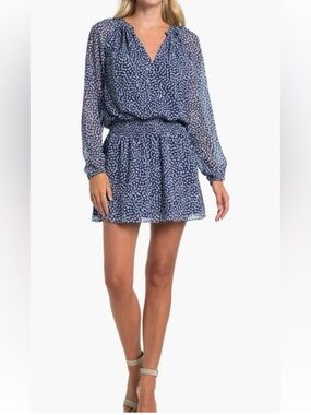 Ramy Brooke Long Sleeve V-Neck Smocked Drop Waist Blue Abstract Mini Dress Small